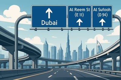 Illustration of Dubai skyline with modern highways and road signs Illustration of Dubai skyline with modern highways and road signs