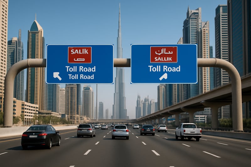 Modern Dubai highway with toll road signage Modern Dubai highway with toll road signage